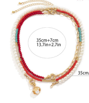 Beaded Red & Pearl Necklace Set