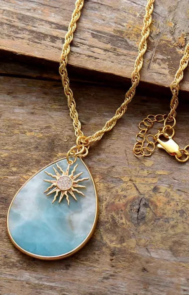 Amazonite Gold Sun Pendant Necklace