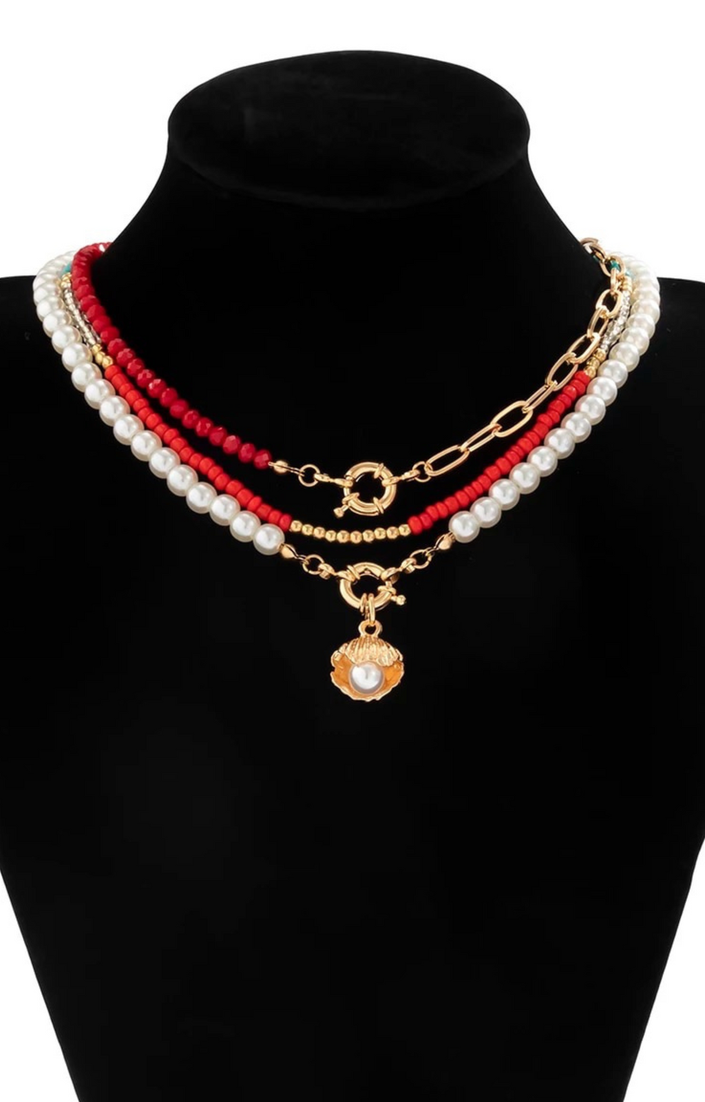 Beaded Red & Pearl Necklace Set