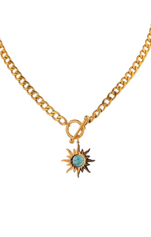 Stainless Steel Gold Turquoise & Starburst Fob Necklace