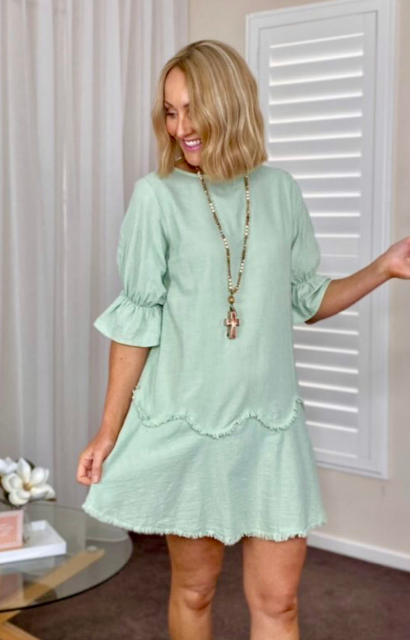 Carrie Fringed Puff Sleeve Dress Sage Green