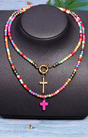 Multi Coloured Beaded Cross Necklace